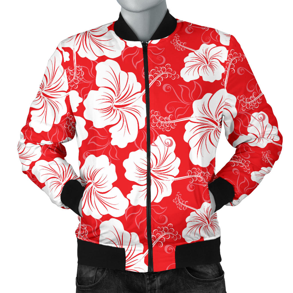 Flower Hawaiian Hibiscus Red Background Print Men Bomber Jacket