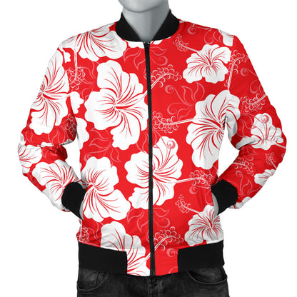 Flower Hawaiian Hibiscus Red Background Print Men Bomber Jacket