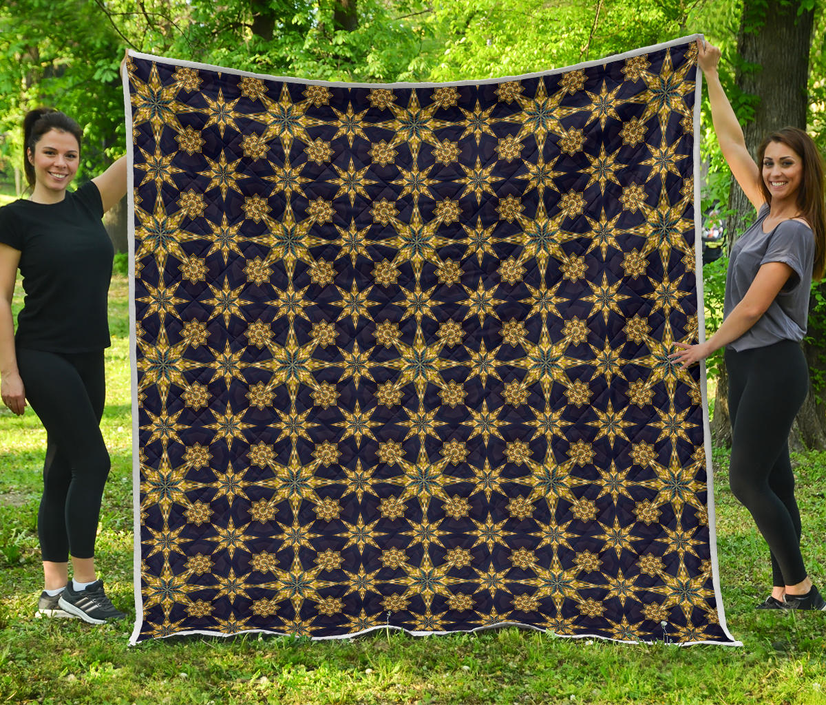 kaleidoscope Gold Print Design Quilt Bedspread
