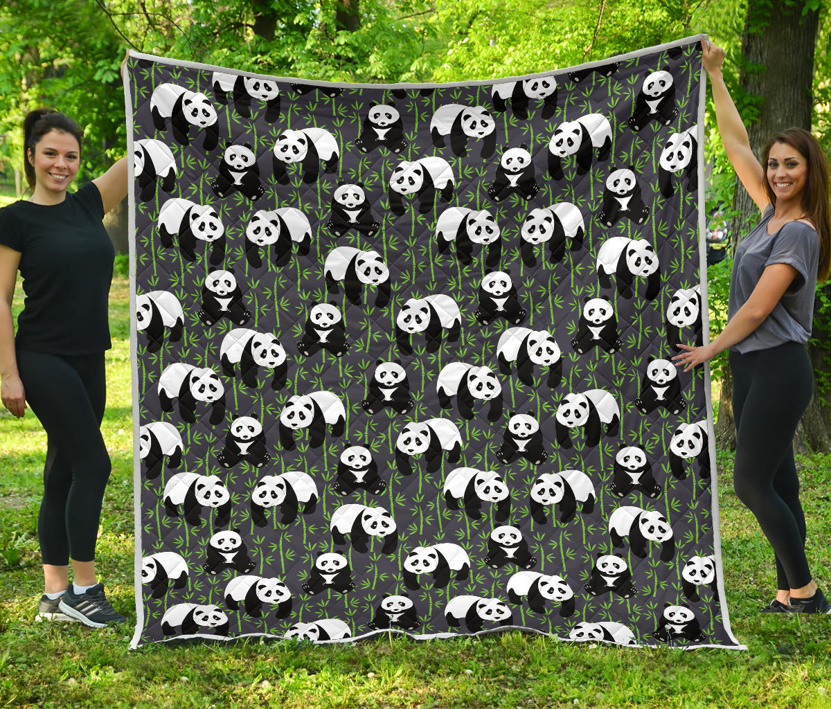 Panda Bear Bamboo Themed Print Quilt Bedspread