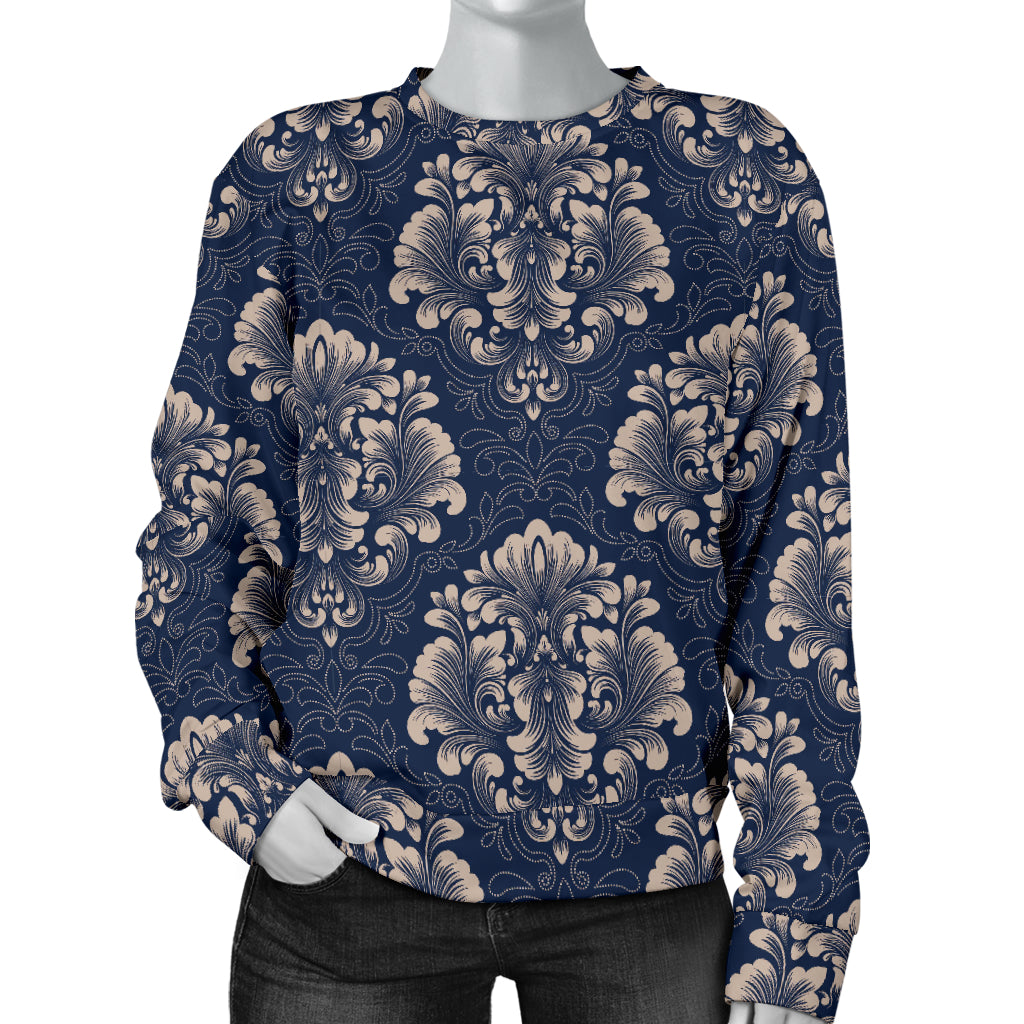 Damask Blue Luxury Print Pattern Women Long Sleeve Sweatshirt