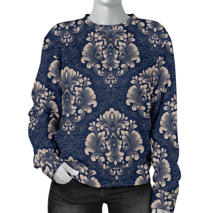 Damask Blue Luxury Print Pattern Women Long Sleeve Sweatshirt
