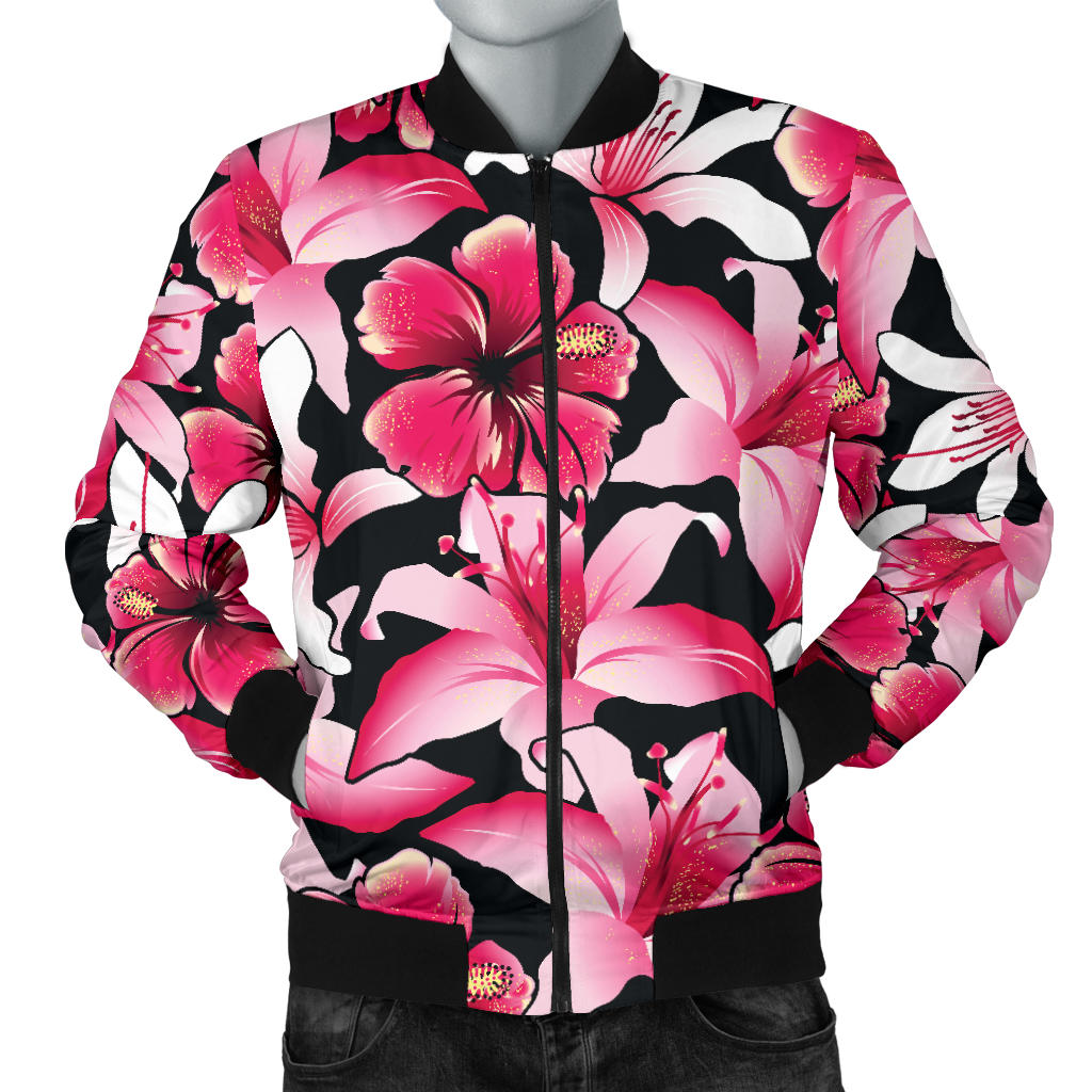 Flower Hawaiian Pink Red Hibiscus Print Men Bomber Jacket