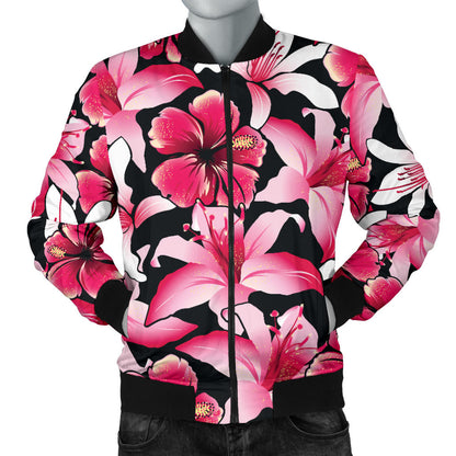 Flower Hawaiian Pink Red Hibiscus Print Men Bomber Jacket