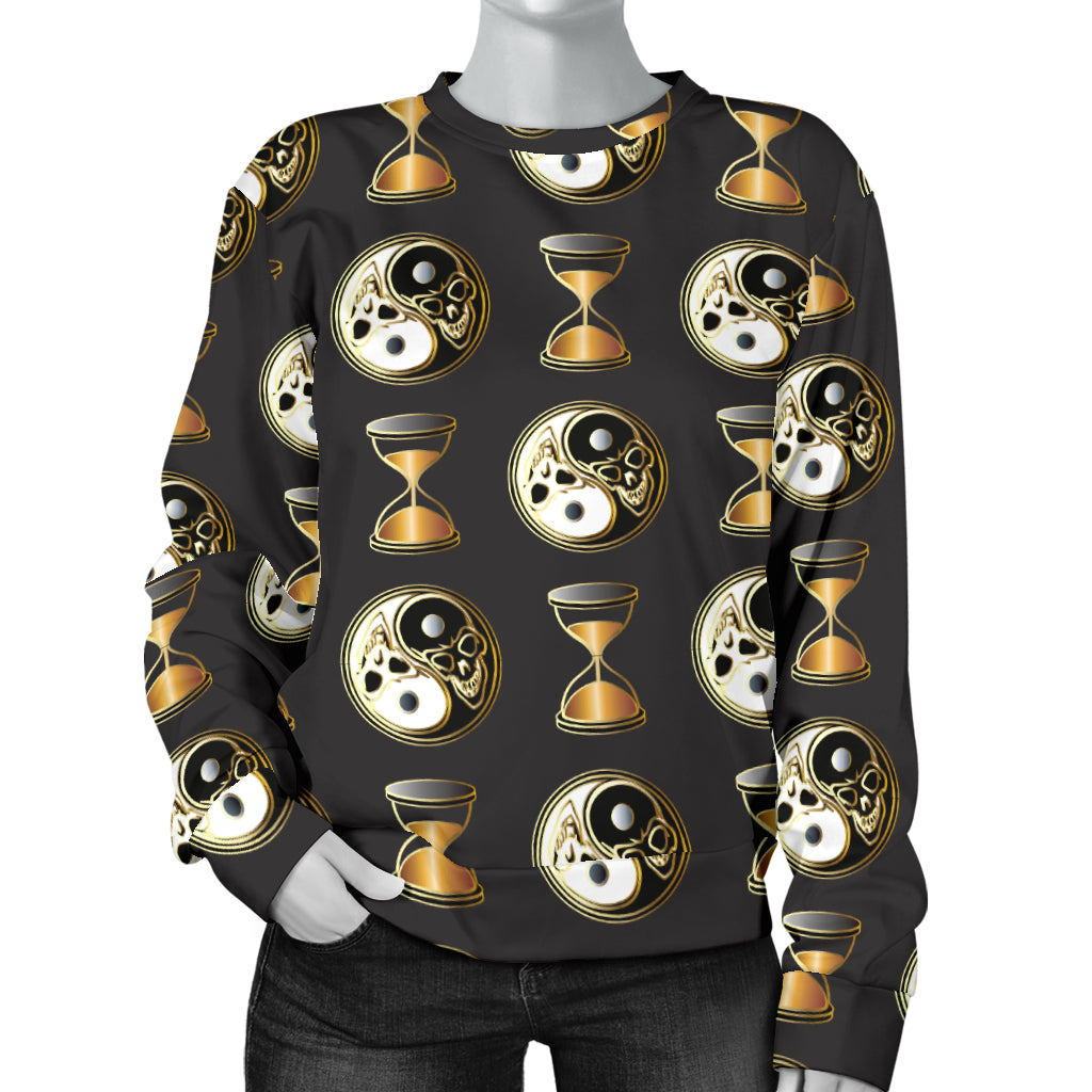 Yin Yang Skull Themed Design Print Women Long Sleeve Sweatshirt