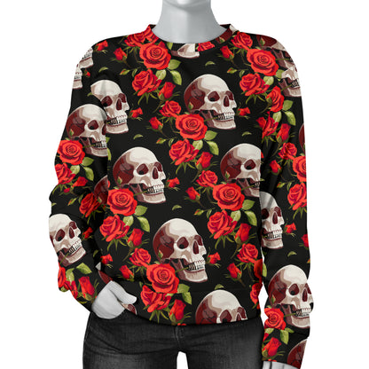 Red Rose Skull Design Print Women Long Sleeve Sweatshirt