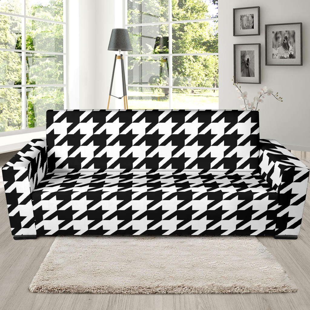 Houndstooth Black White Pattern Print Design 05 Sofa Slipcover