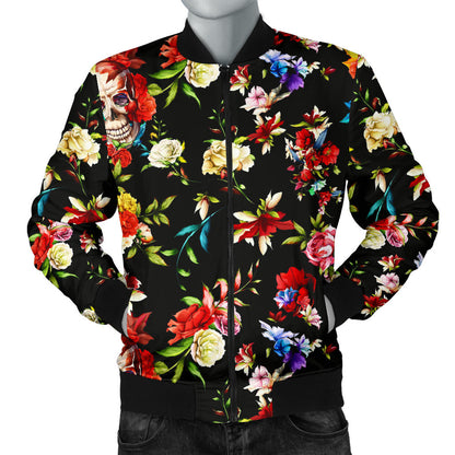 Skull Roses Flower Design Themed Print Men Bomber Jacket