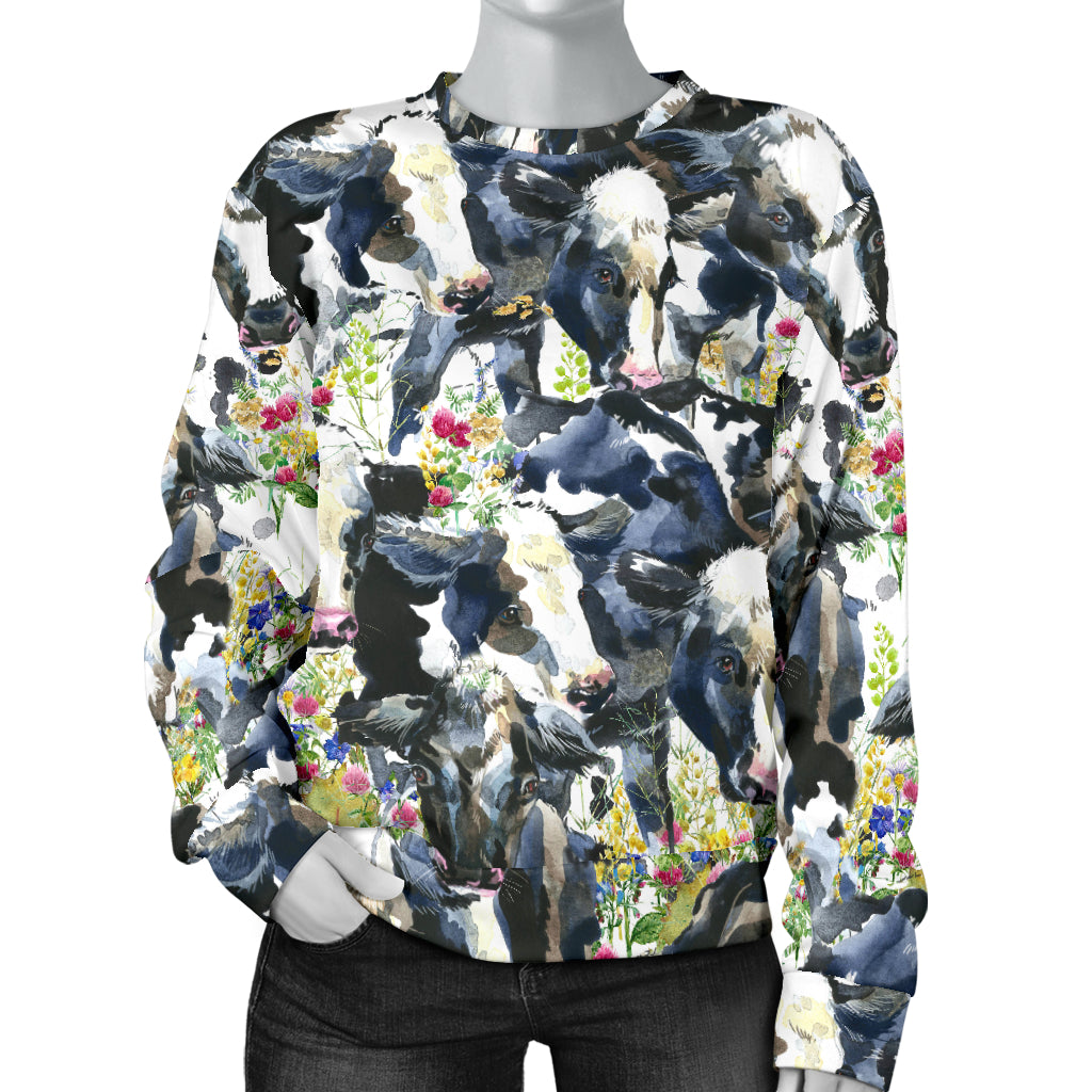 Cow Watercolor Print Pattern Women Long Sleeve Sweatshirt