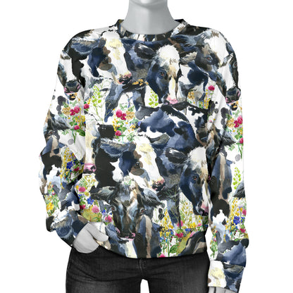 Cow Watercolor Print Pattern Women Long Sleeve Sweatshirt