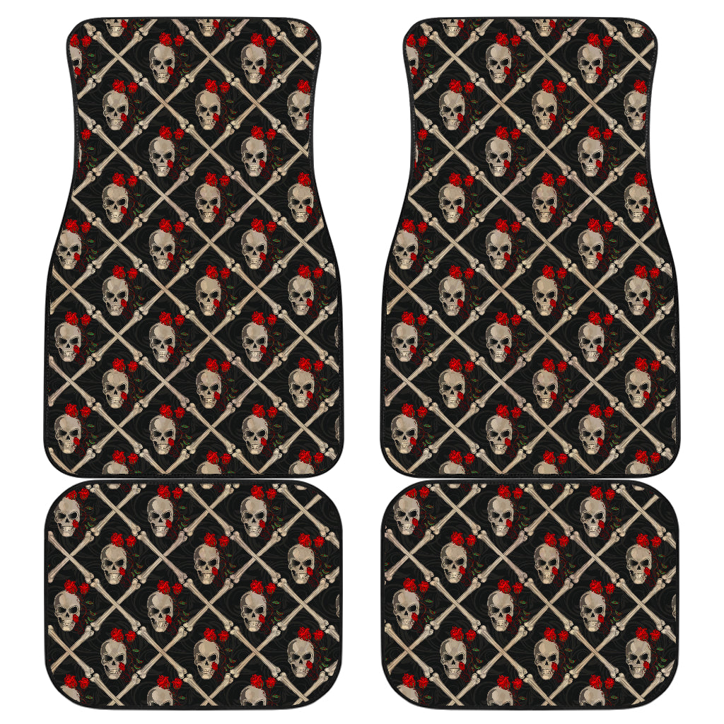 Skull Roses Bone Design Themed Print Car Floor Mats Front Back