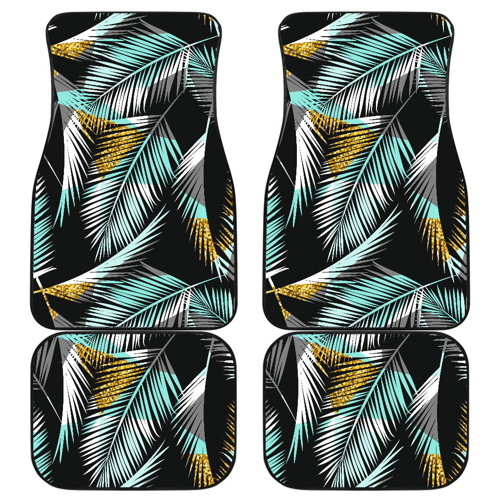 Gold Glitter Cyan Tropical Palm Leaves Car Floor Mats Front Back