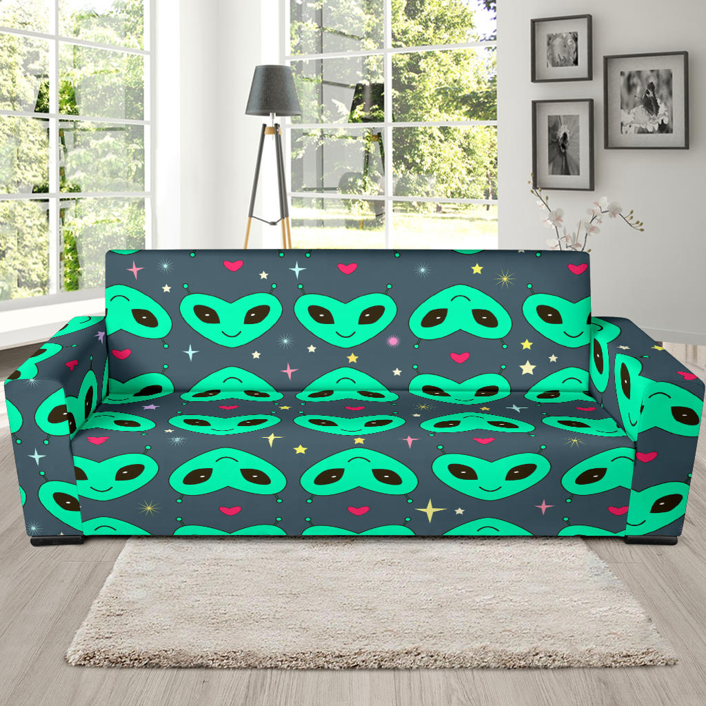 Alien Head Heart Pattern Print Design 03 Sofa Slipcover