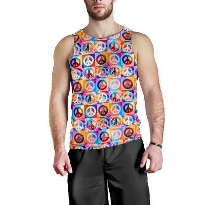 Peace Sign Patchwork Design Print Men Tank Top