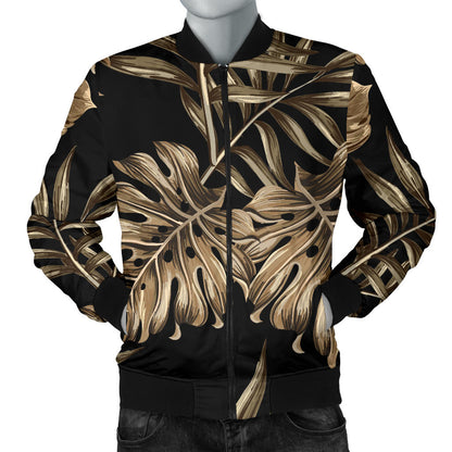 Brown Tropical Palm Leaves Men Bomber Jacket