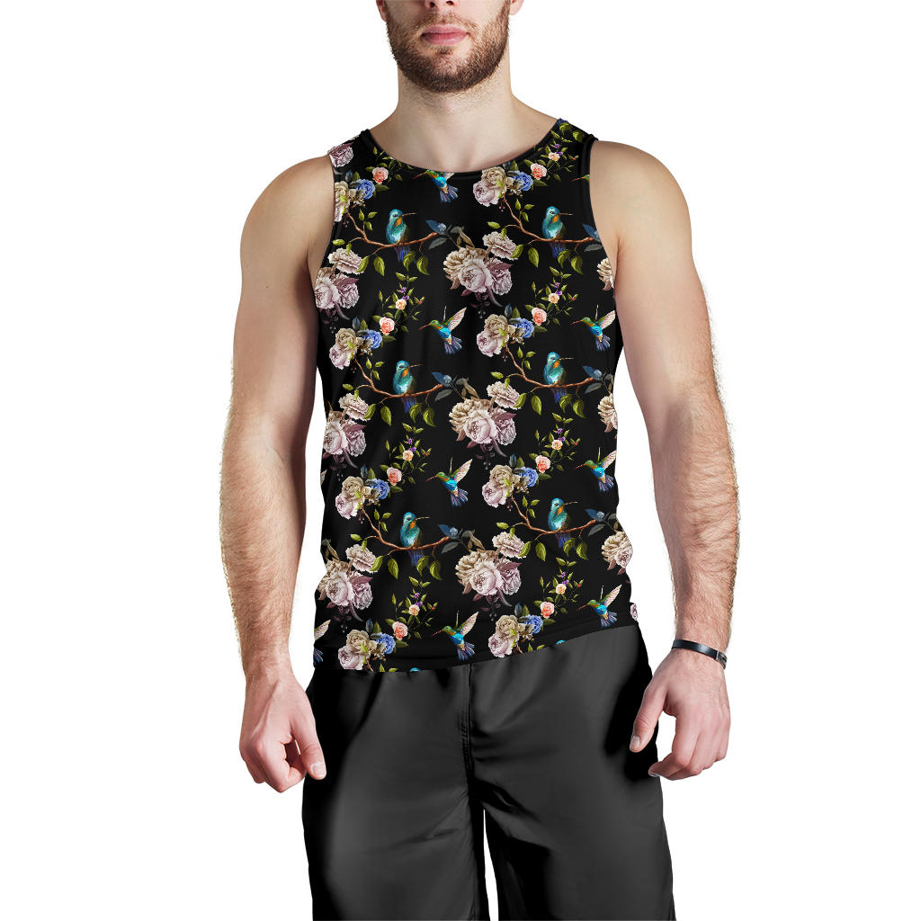 Hummingbird Flower Themed Print Men Tank Top