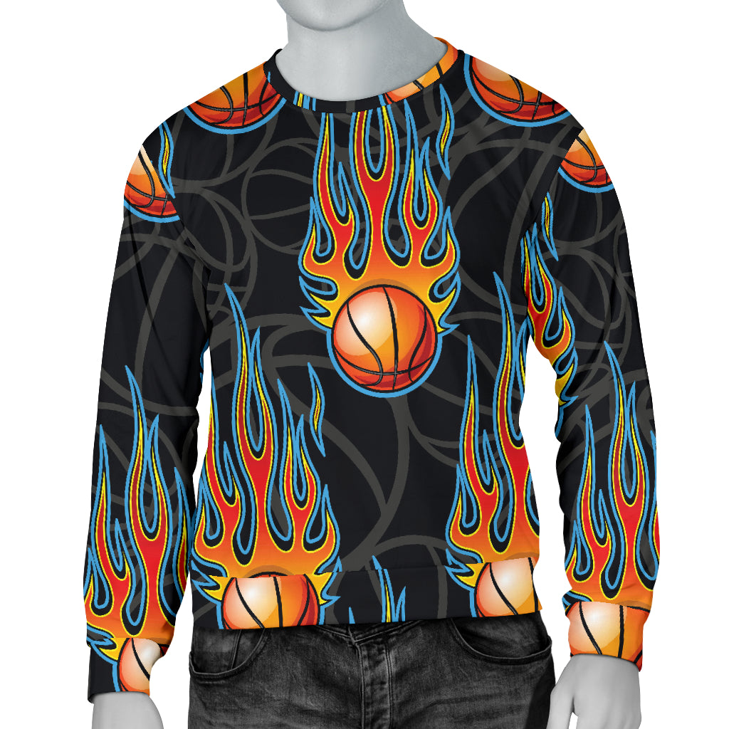 Basketball Fire Print Pattern Men Long Sleeve Sweatshirt