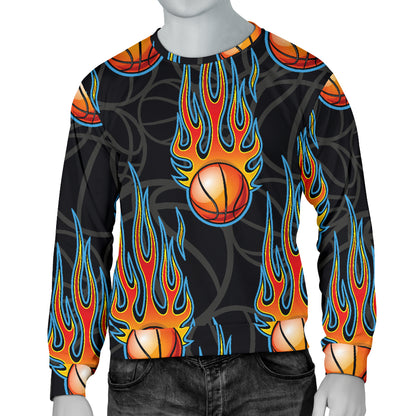 Basketball Fire Print Pattern Men Long Sleeve Sweatshirt