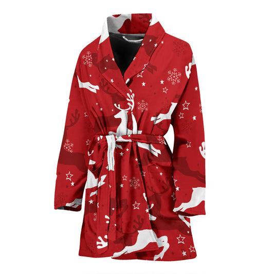 Reindeer Red Pattern Print Design 01 Women Bathrobe