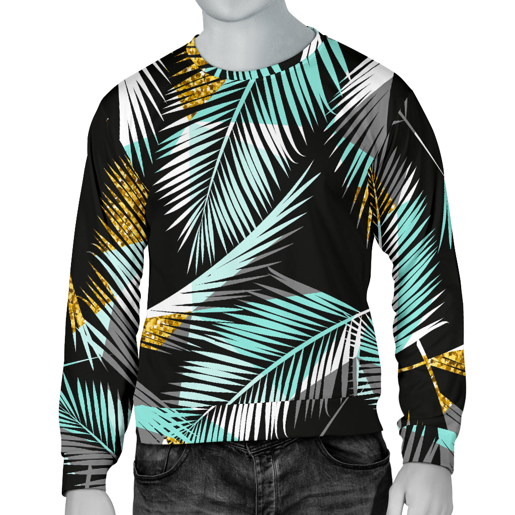 Gold Glitter Cyan Tropical Palm Leaves Men Long Sleeve Sweatshirt