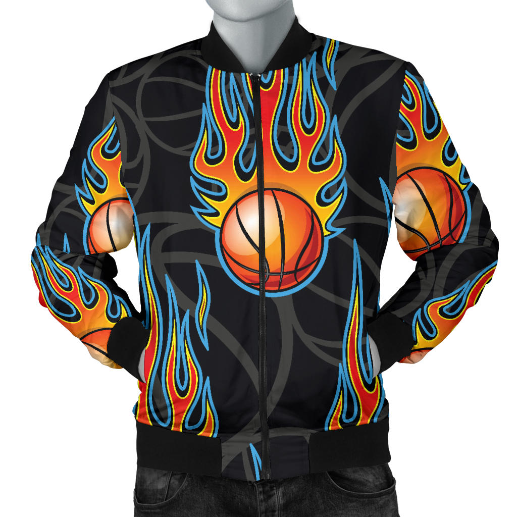 Basketball Fire Print Pattern Men Bomber Jacket