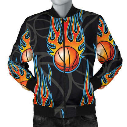 Basketball Fire Print Pattern Men Bomber Jacket