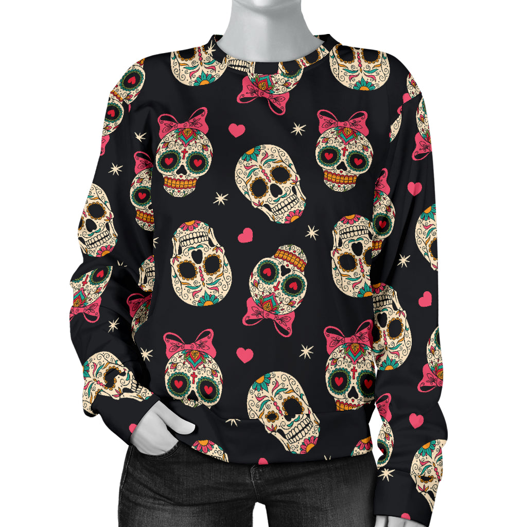 Sugar Skull Pink Bow Themed Print Women Long Sleeve Sweatshirt