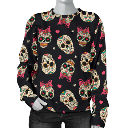 Sugar Skull Pink Bow Themed Print Women Long Sleeve Sweatshirt