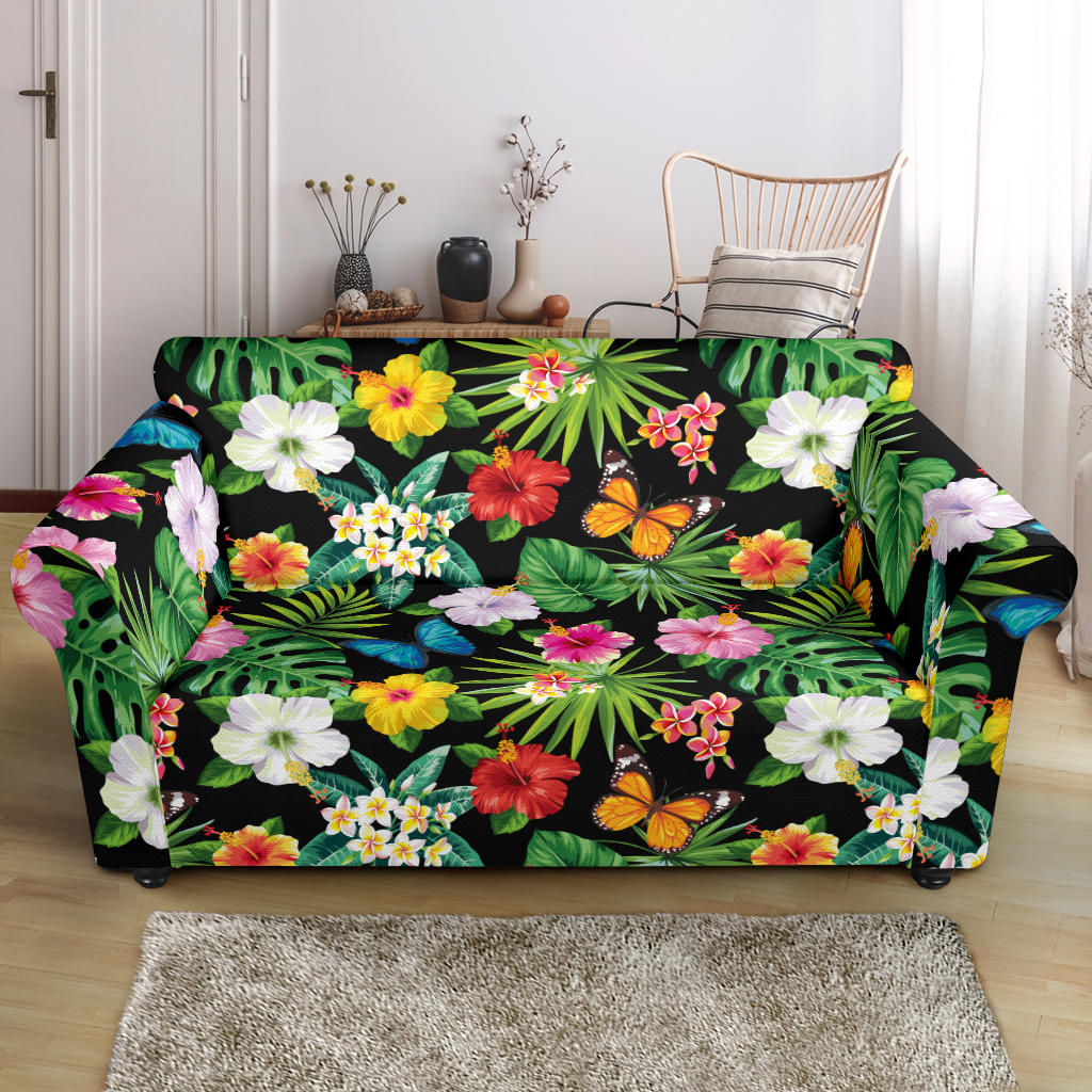 Hibiscus With Butterfly Print Design LKS305 Loveseat Couch Slipcover