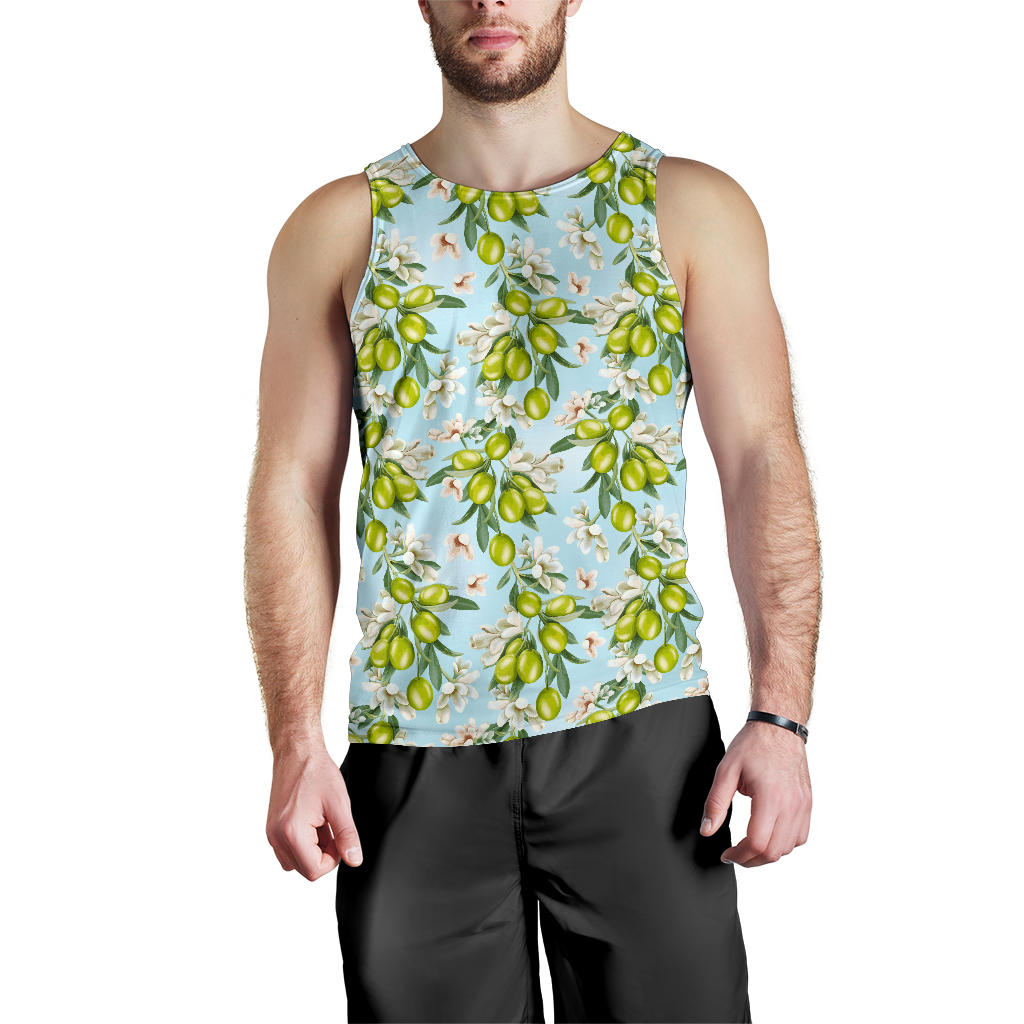 Elegant Olive Floral Print Men Tank Top