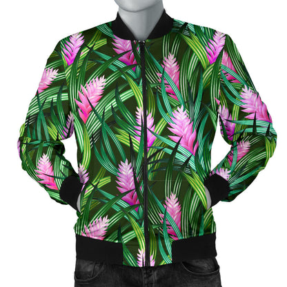 Tropical Folower Pink Heliconia Print Men Bomber Jacket