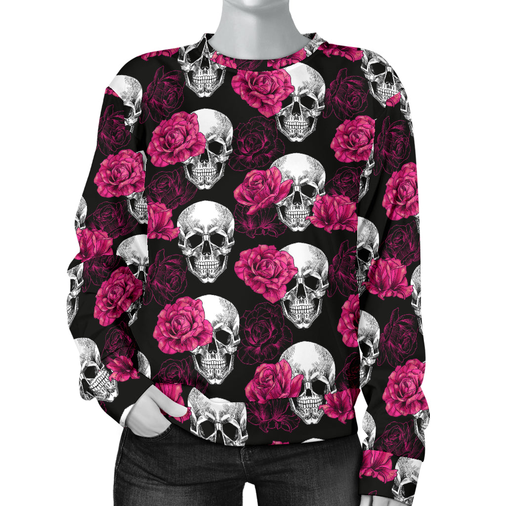 Pink Rose Skull Themed Print Women Long Sleeve Sweatshirt