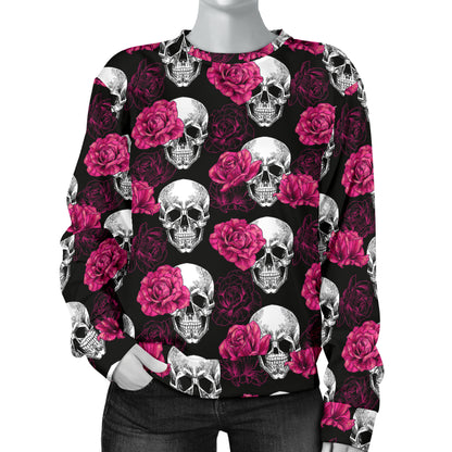 Pink Rose Skull Themed Print Women Long Sleeve Sweatshirt