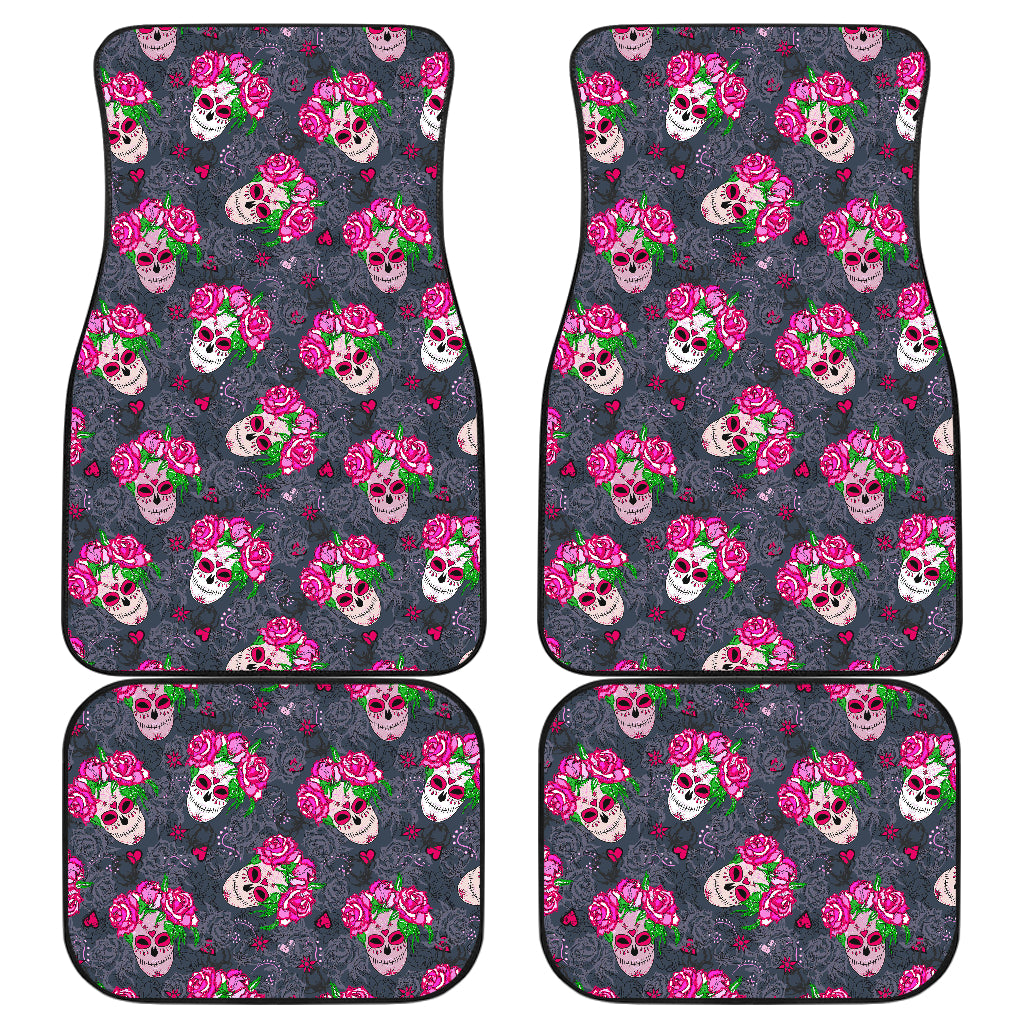 Sugar Skull Pink Rose Themed Print Car Floor Mats Front Back