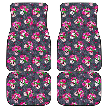 Sugar Skull Pink Rose Themed Print Car Floor Mats Front Back