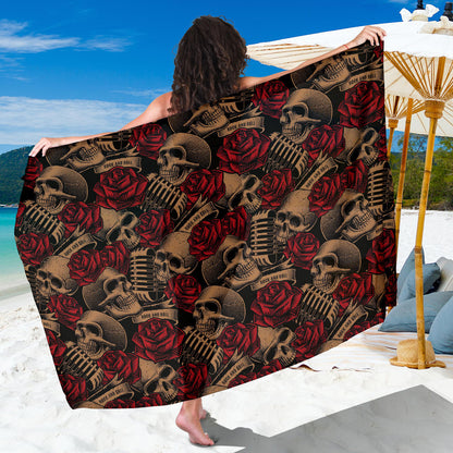 Microphone Skull Rose Pattern Print Design 02 Sarong Pareo Wrap
