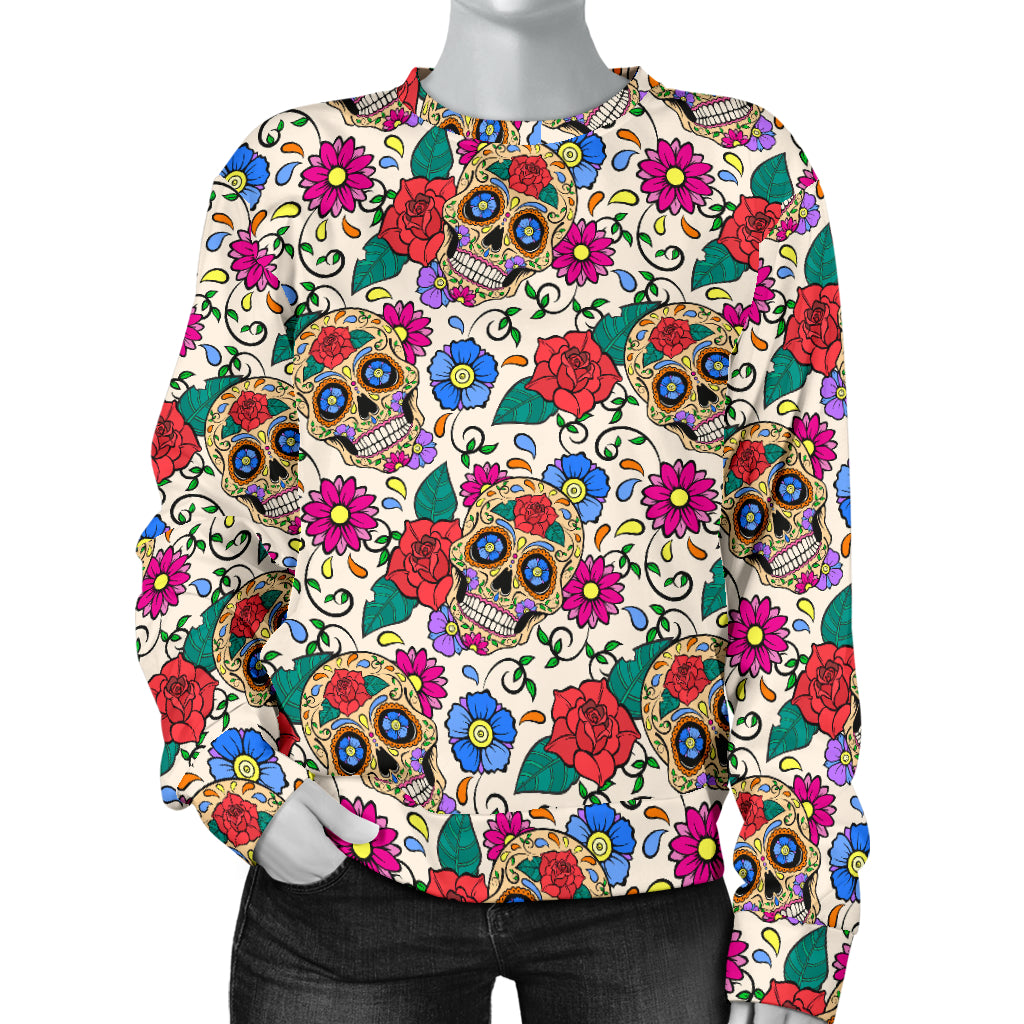 Sugar Skull Colorful Themed Print Women Long Sleeve Sweatshirt