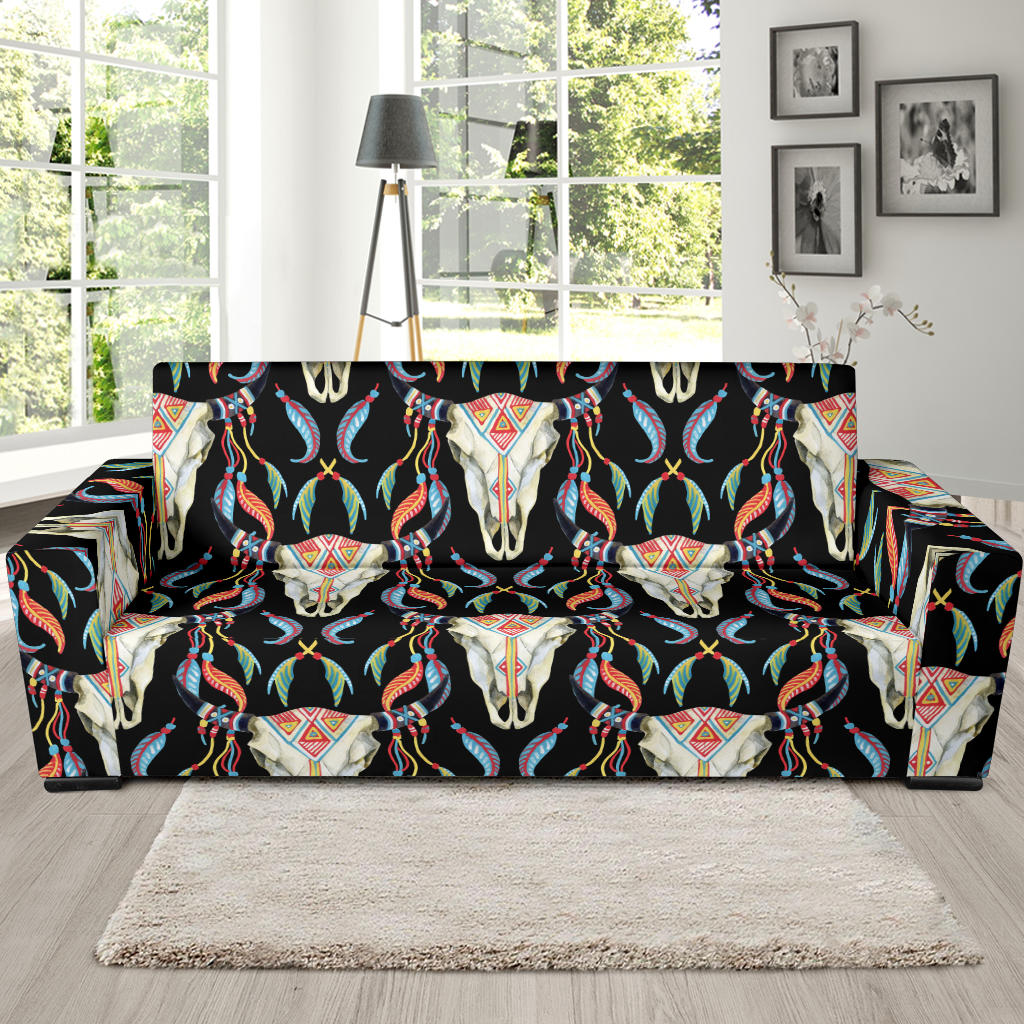 Buffalo Head Boho Style Pattern Print Design 01 Sofa Slipcover