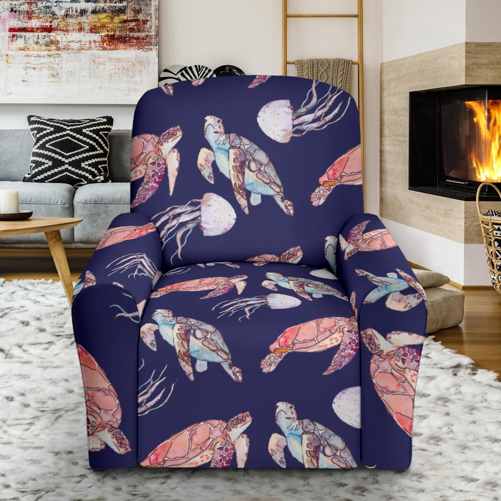 Sea Turtle With Jelly Fish Print Design LKS301 Recliner Slipcover with Pocket