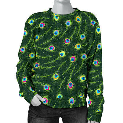 Peacock Feather Green Design Print Women Long Sleeve Sweatshirt