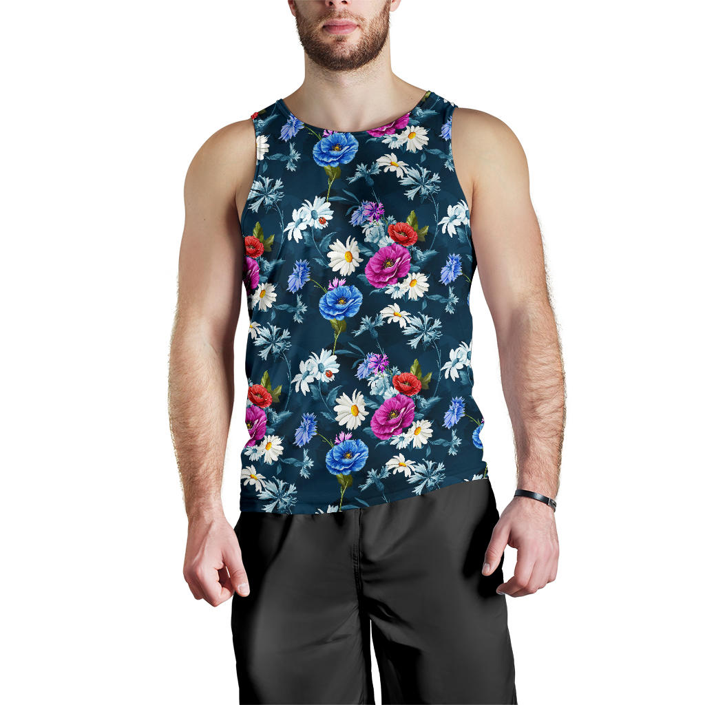 Floral Blue Themed Print Men Tank Top