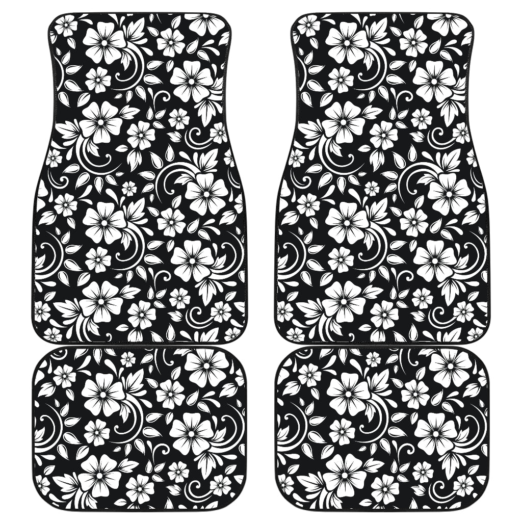 Floral Black White Themed Print Car Floor Mats Front Back