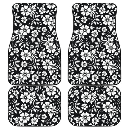 Floral Black White Themed Print Car Floor Mats Front Back