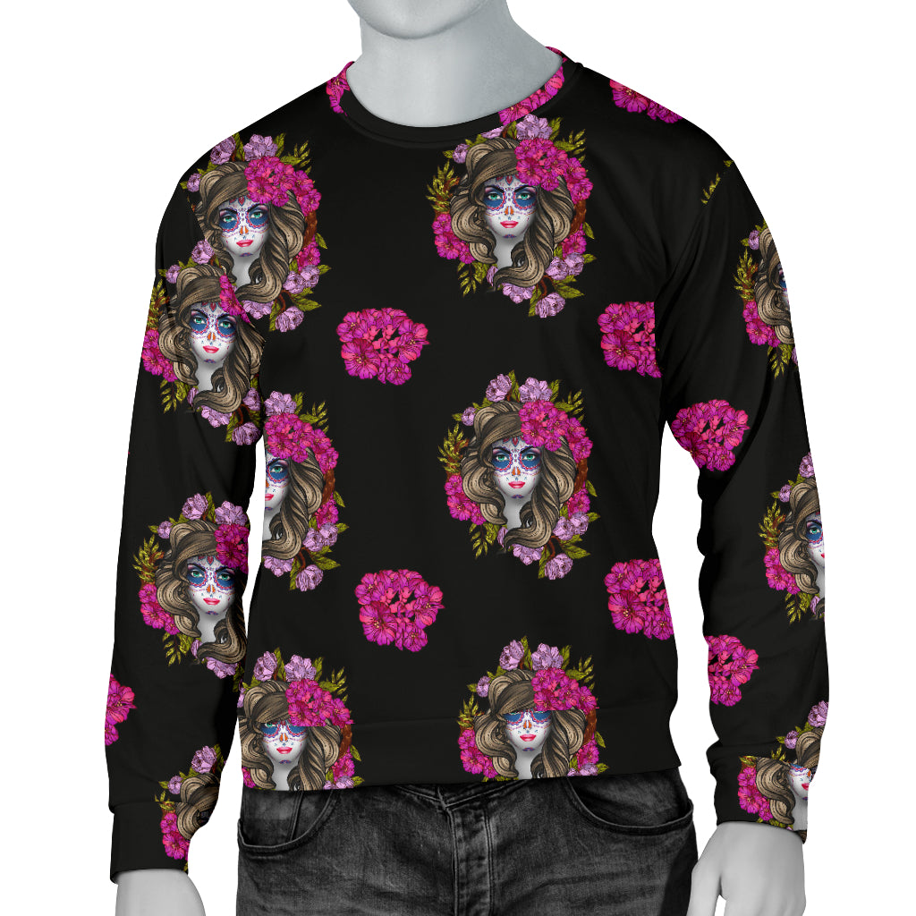 Day of the Dead Makeup Girl Men Long Sleeve Sweatshirt