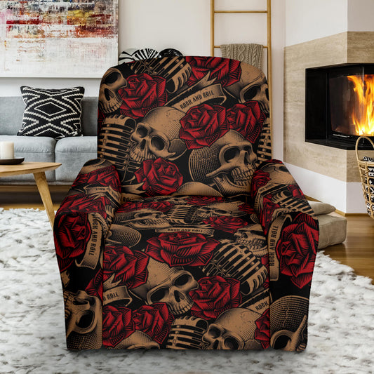 Microphone Skull Rose Pattern Print Design 02 Recliner Slipcover with Pocket