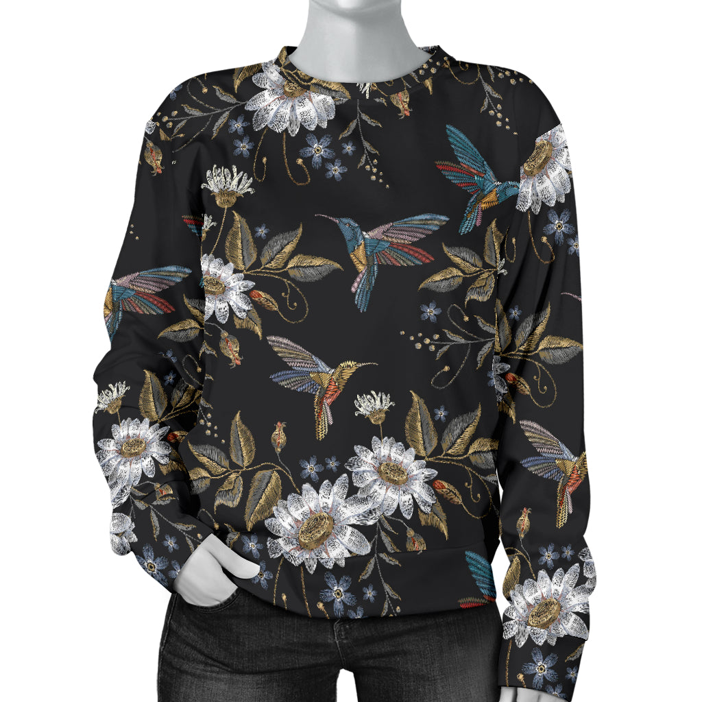 Hummingbird with Embroidery Themed Print Women Long Sleeve Sweatshirt