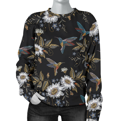 Hummingbird with Embroidery Themed Print Women Long Sleeve Sweatshirt