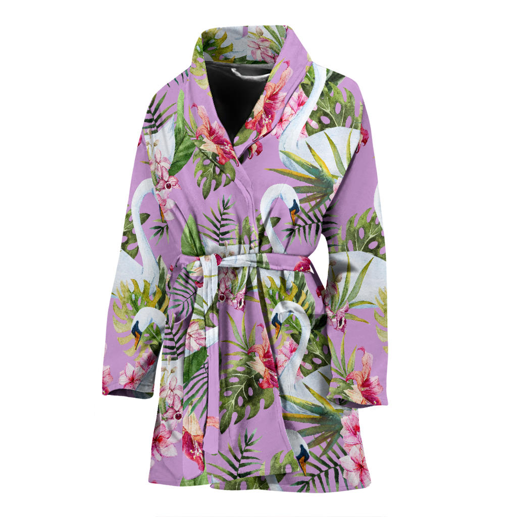 Swan with Flower Pattern Print Design 01 Women Bathrobe