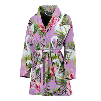 Swan with Flower Pattern Print Design 01 Women Bathrobe