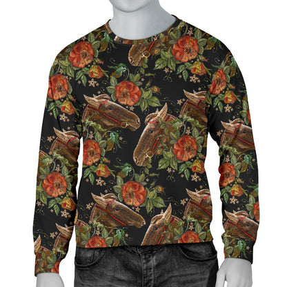 Horse Embroidery with Flower Design Men Long Sleeve Sweatshirt
